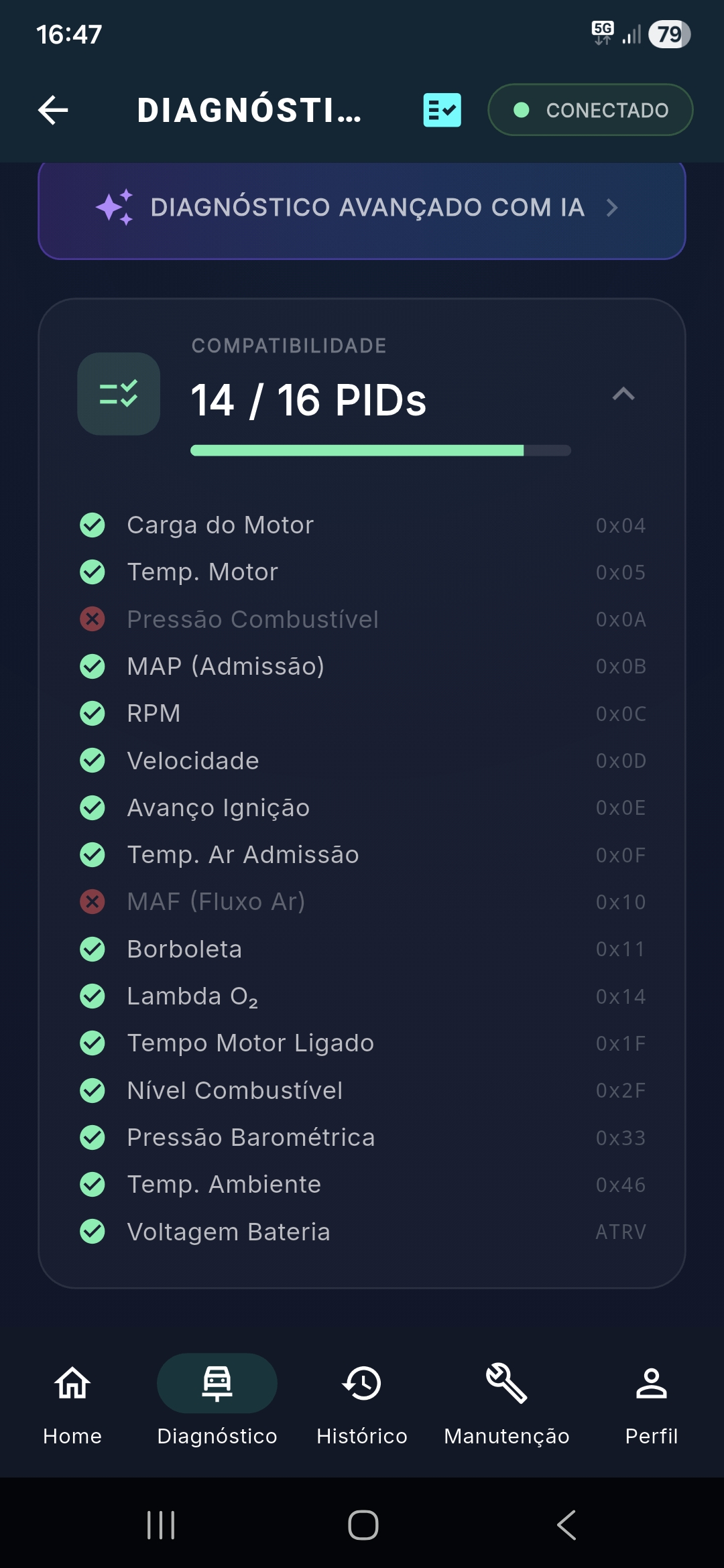Tela real do app YouAutoCar mostrando diagnóstico OBD-II e PIDs